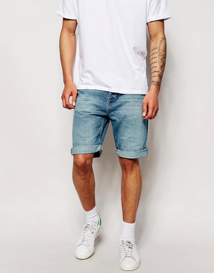 Pull & Bear Denim Short In Mid-wash - Blue