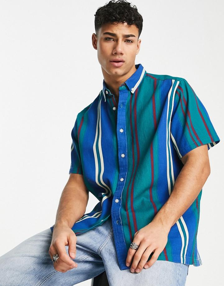 Asos Design Relaxed Shirt In Collegiate Stripe-green