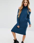 Noisy May Cold Shoulder Roll Neck Knit Sweater Dress - Green