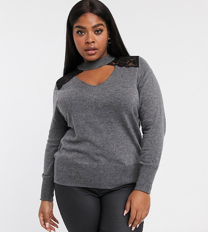 River Island Plus Sweater With Lace Inserts In Gray-grey