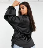 River Island Plus Ruched Wrap Satin Shirt In Black