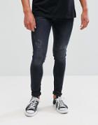 Asos Extreme Super Skinny Jeans In Dark Wash Blue With Abrasions - Blue