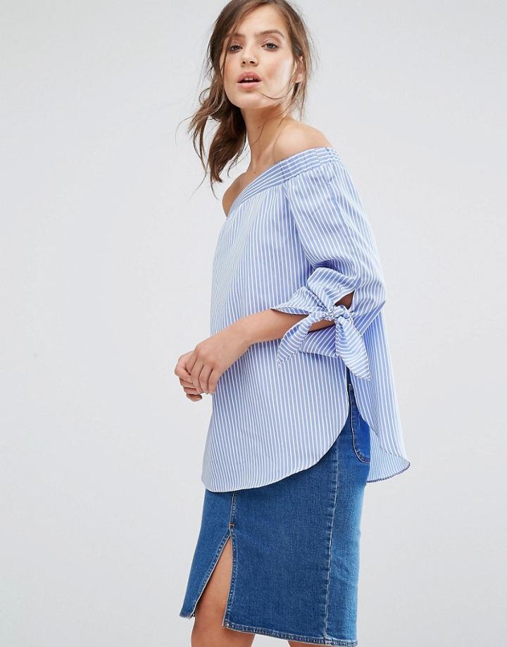 Parallel Lines Off Shoulder Top With Tie Sleeves In Shirting Stripe -