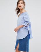 Parallel Lines Off Shoulder Top With Tie Sleeves In Shirting Stripe -