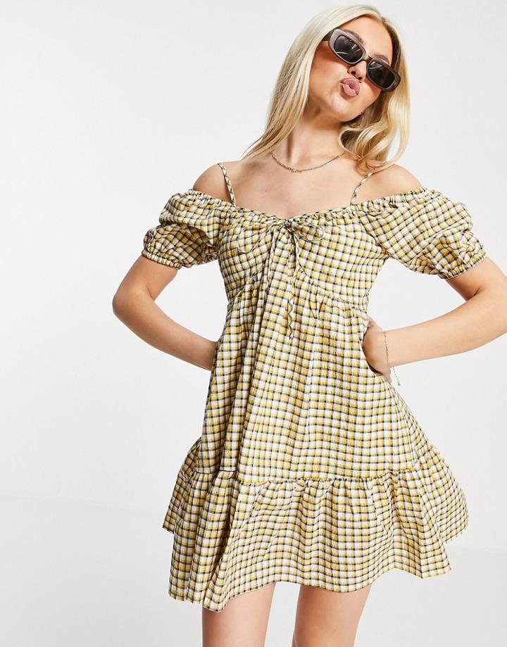 Urban Revivo Off The Shoulder Mini Dress In Check Print-white