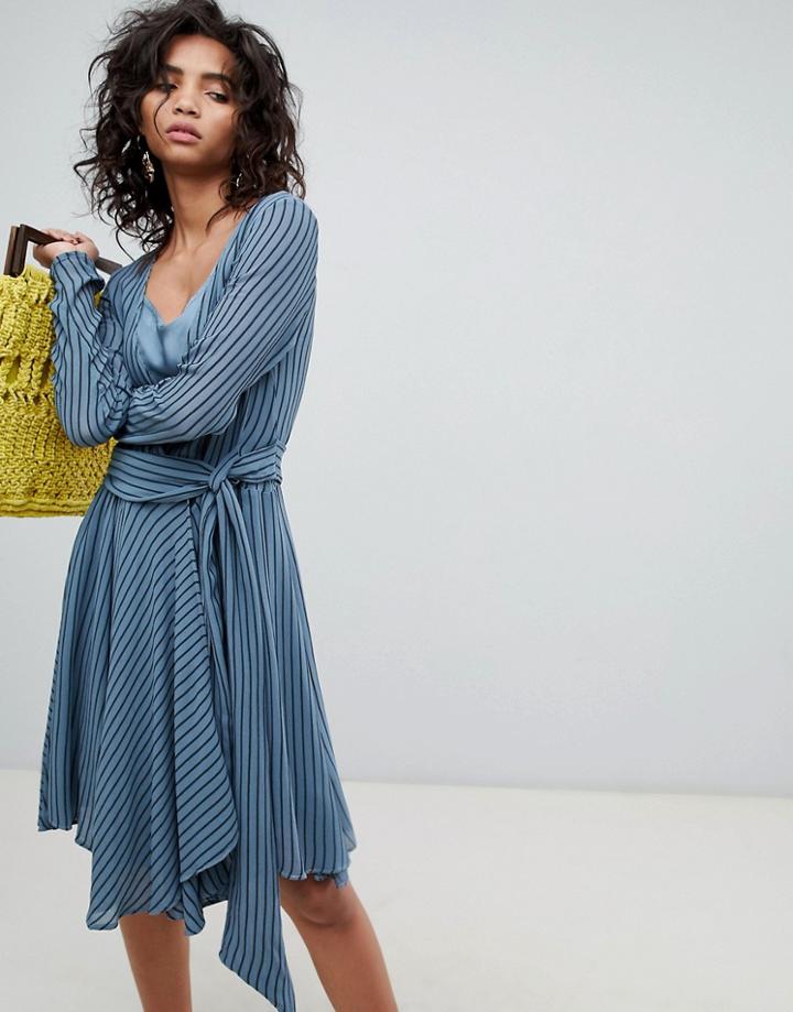 Ghost Long Sleeve Striped Wrap Dress - Blue