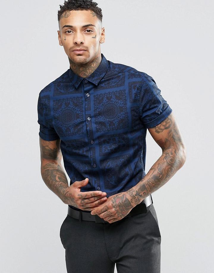 Asos Skinny Shirt In Navy Paisley Square Print With Short Sleeves - Navy