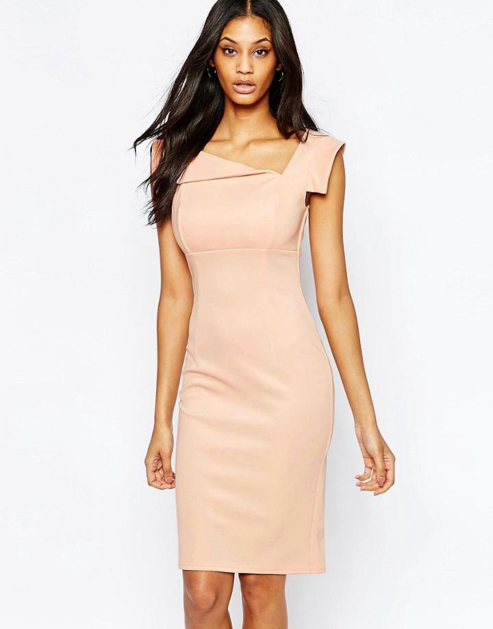 City Goddess Midi Pencil Dress With Asymmetric Neckline - Nude