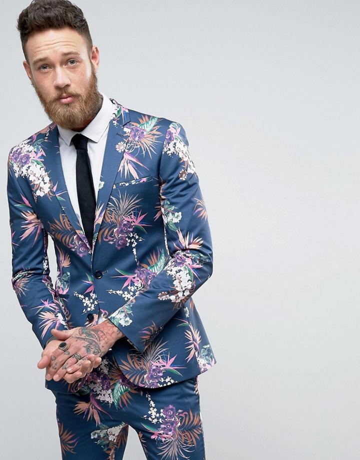Asos Super Skinny Suit Jacket In Blue Tropical Floral Print In Sateen - Navy