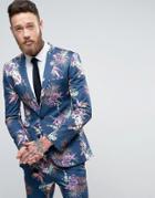 Asos Super Skinny Suit Jacket In Blue Tropical Floral Print In Sateen - Navy