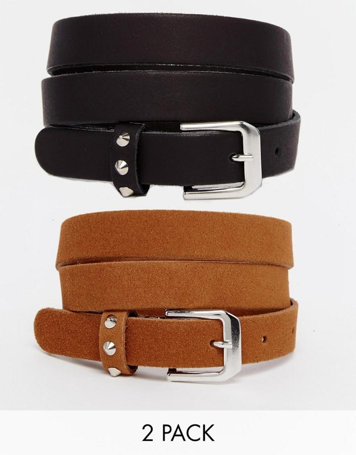 Asos Leather 2 Pack Studded Keeper Belts - Black And Tan