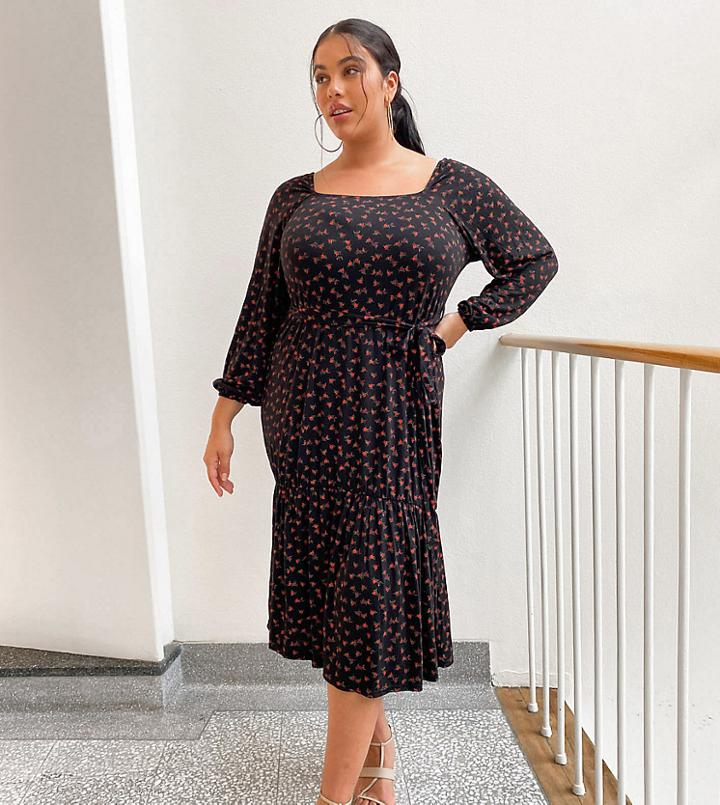 Yours Square Neck Tierred Ditsy Dress In Rose Print-multi