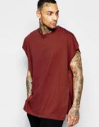 Asos Super Oversized Sleeveless T-shirt With Extreme Side Splits And Step Hem In Brown - Chestnut