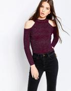 Qed London Knitted Cold Shoulder Glitter Top - Red