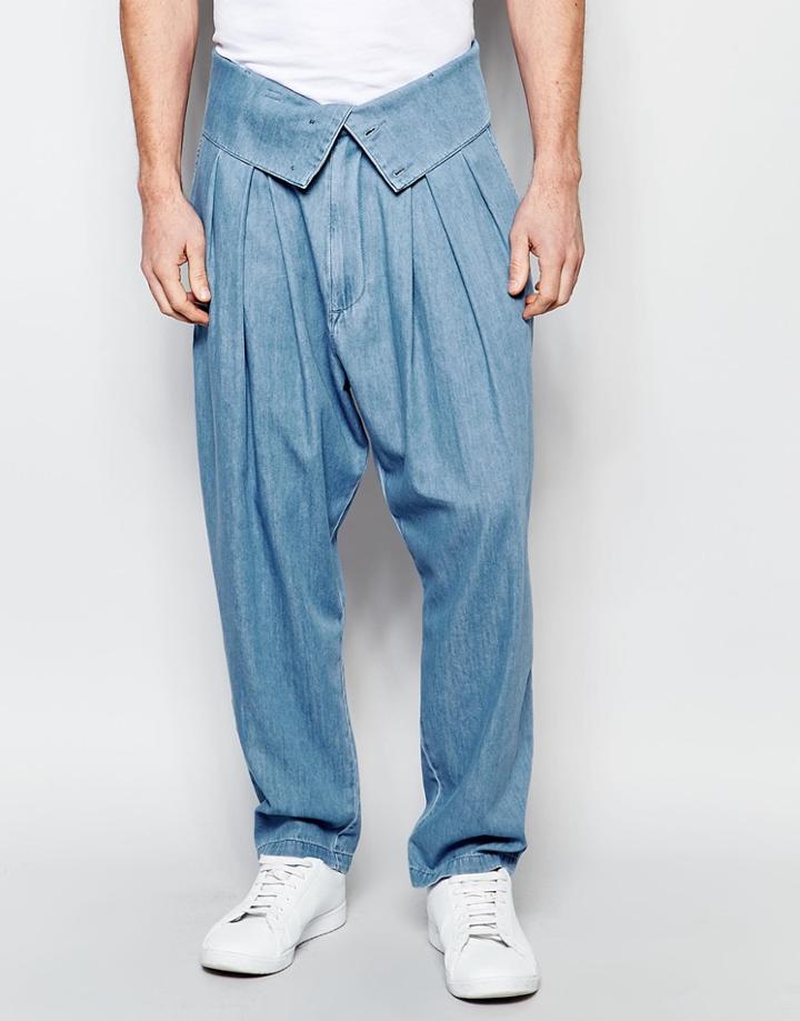 Asos Wide Leg Jeans With Fold Over Waistband - Light Blue