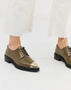 Asos Design Mixed Leather Pointed Flat Shoes With Metal Toe Cap In Khaki-green