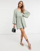 Asos Design Textured Mini Smock Dress With Volume Sleeves In Sage Green