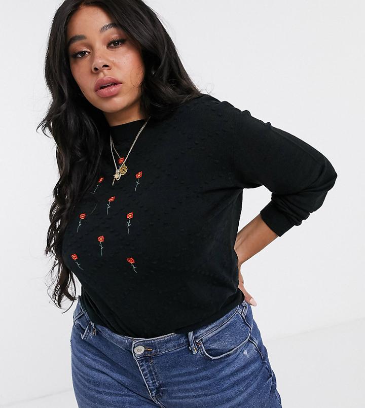 Daisy Street Plus Sweater With Rose Embroidery-black