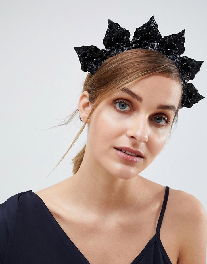 Asos Design Faux Leather Floral Crown Headband - Black