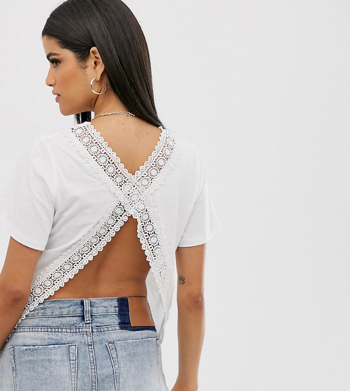 Asos Design Tall T-shirt With Open Back And Lace Trim-green