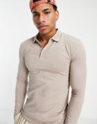 Asos Design Organic Cotton Blend Muscle Fit Long Sleeve Jersey Polo In Beige-neutral