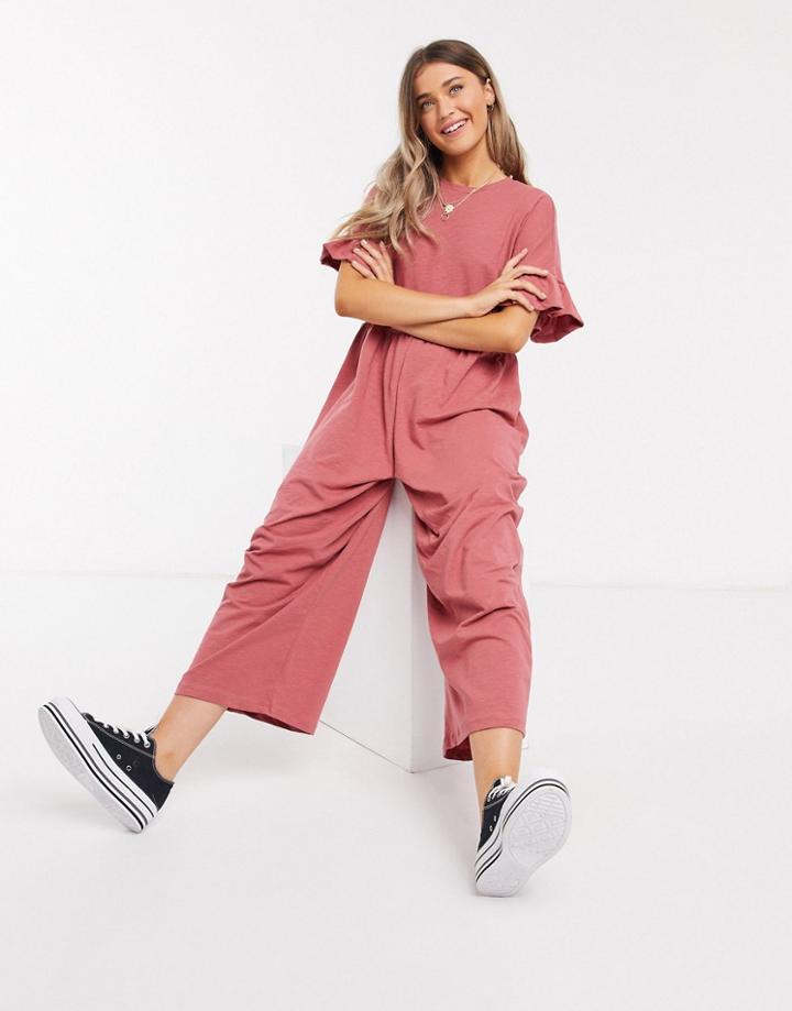 Asos Design Lounge Jersey Smock Jumpsuit With Frill Sleeve In Rose-pink