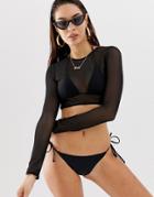 Asos Design Mesh Long Sleeve Bikini Top In Black - Black