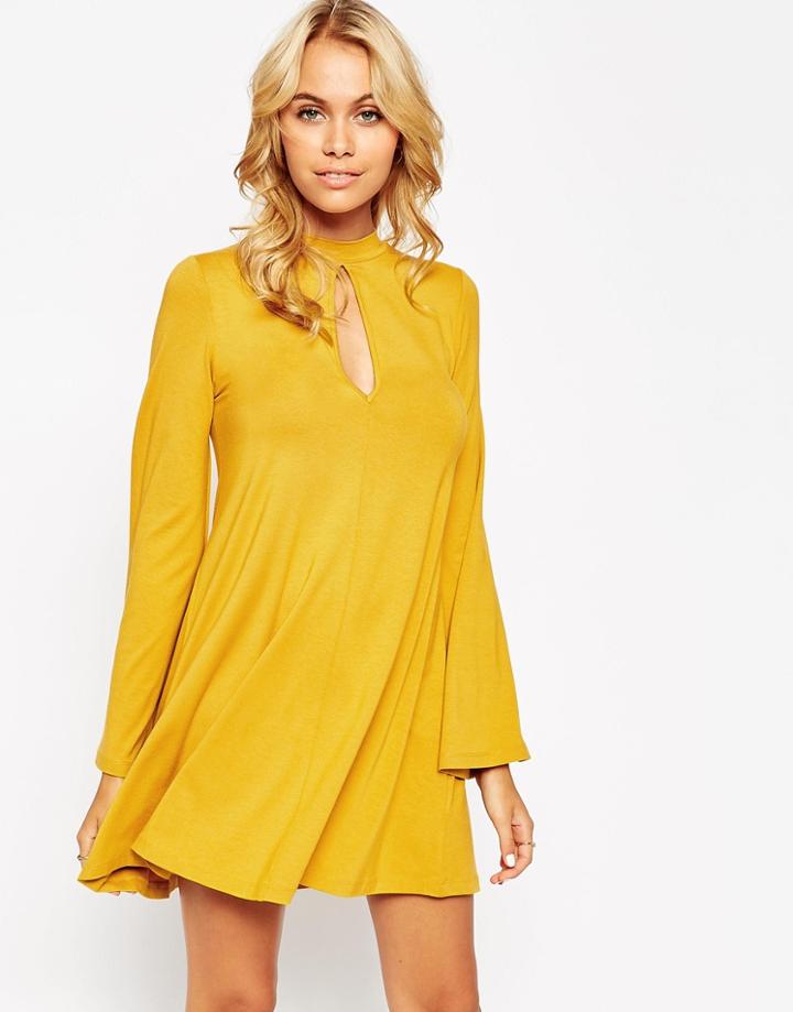 Asos Swing Dress With Flared Sleeve And Keyhole - Black