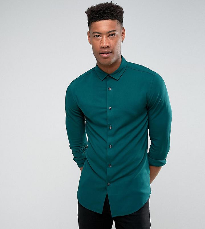 Asos Tall Skinny Viscose Shirt In Green - Green