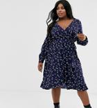 Influence Plus Wrap Front Midi Dress In Navy Floral - Navy