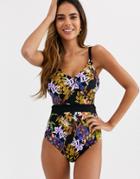 Figleaves Fuller Bust Underwired Plunge Cut Out Swimsuit In Tropical Print-multi