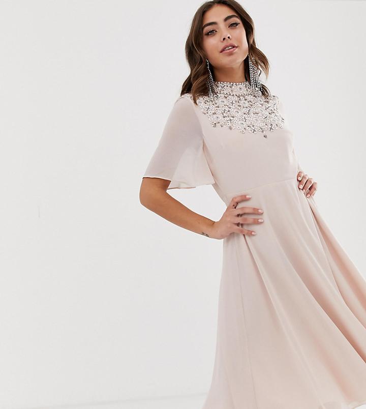Asos Design Midi Dress With Flutter Cape And Pretty Pearl Embellishment - Pink