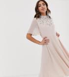 Asos Design Midi Dress With Flutter Cape And Pretty Pearl Embellishment - Pink