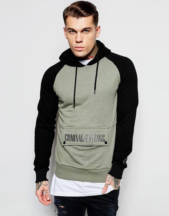 Criminal Damage Raglan Hoodie With Pouch