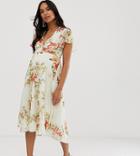 Hope & Ivy Maternity Floral Short Sleeve V Neck Midi Dress-multi