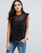 Goldie Simple Rules Blouse With Lace Inserts And Frill Sleeves - Black