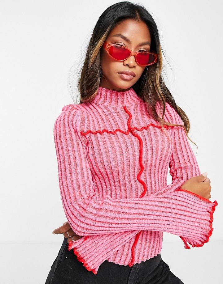 Asos Design Rib Sweater With Contrast Seams In Pink