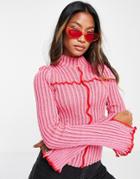 Asos Design Rib Sweater With Contrast Seams In Pink