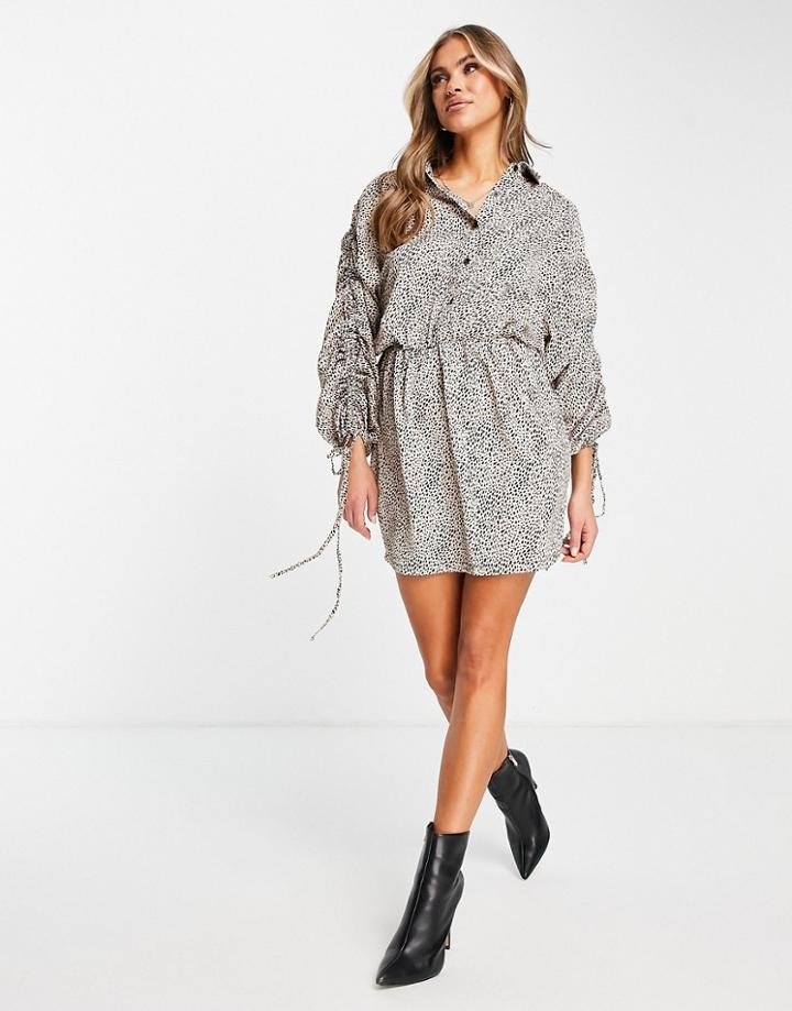 Ax Paris Mini Shirt Dress With Ruched Sleeves In Natural Polka Dot-neutral