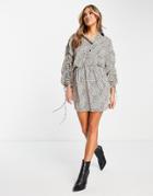 Ax Paris Mini Shirt Dress With Ruched Sleeves In Natural Polka Dot-neutral