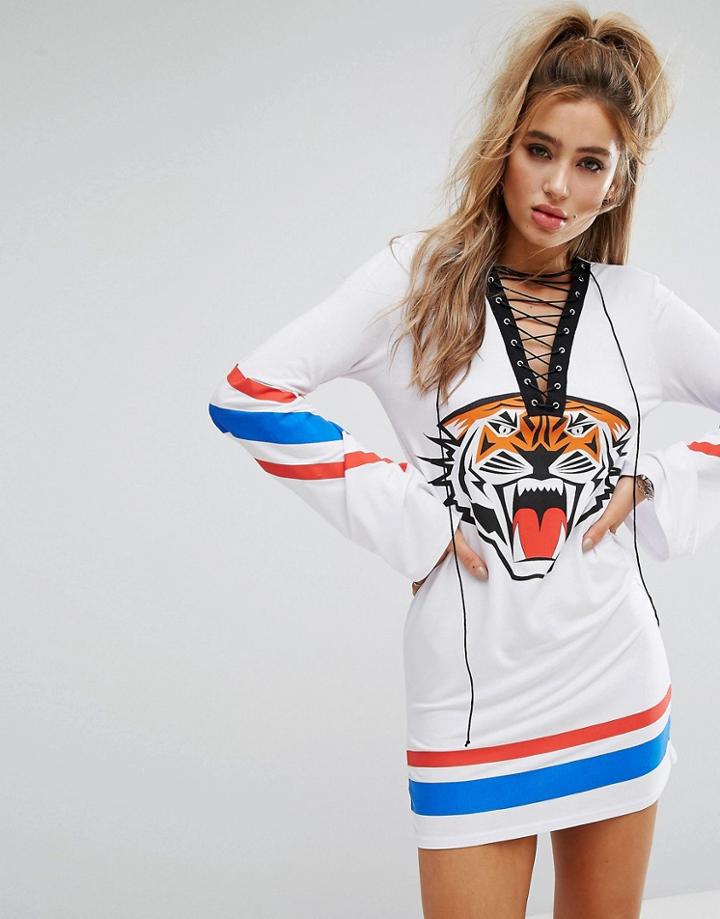 Prettylittlething Tiger Lace Up T-shirt Dress - White