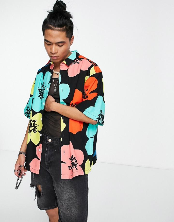 Asos Design Boxy Oversized Shirt In Ripstop With Bright Floral Print-multi