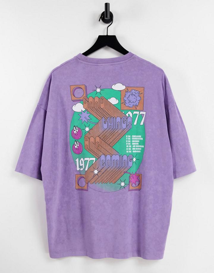 Asos Design Oversized T-shirt In Acid Wash With Back Print-purple