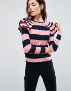 Asos Ruffle Sleeve Sweater In Stripe - Multi