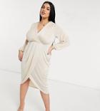 Closet London Plus Twist Wrap Front Jersey Wrap Dress In Stone-neutral
