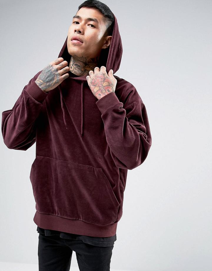 Asos Oversized Velour Hoodie In Burgundy - Red