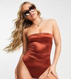 Asyou Bandeau Swimsuit In Mirror Satin-brown