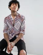 Asos Regular Fit Viscose Shirt With Geo-tribal Design And Grandad Neck - Beige