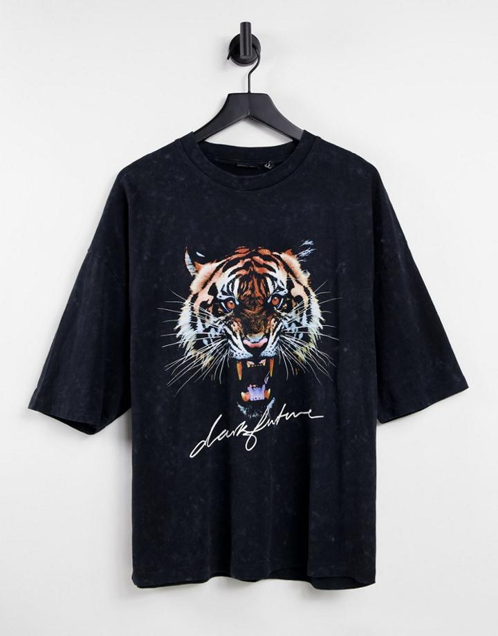 Asos Dark Future Oversized T-shirt With Front Tiger Graphic Print In Washed Black