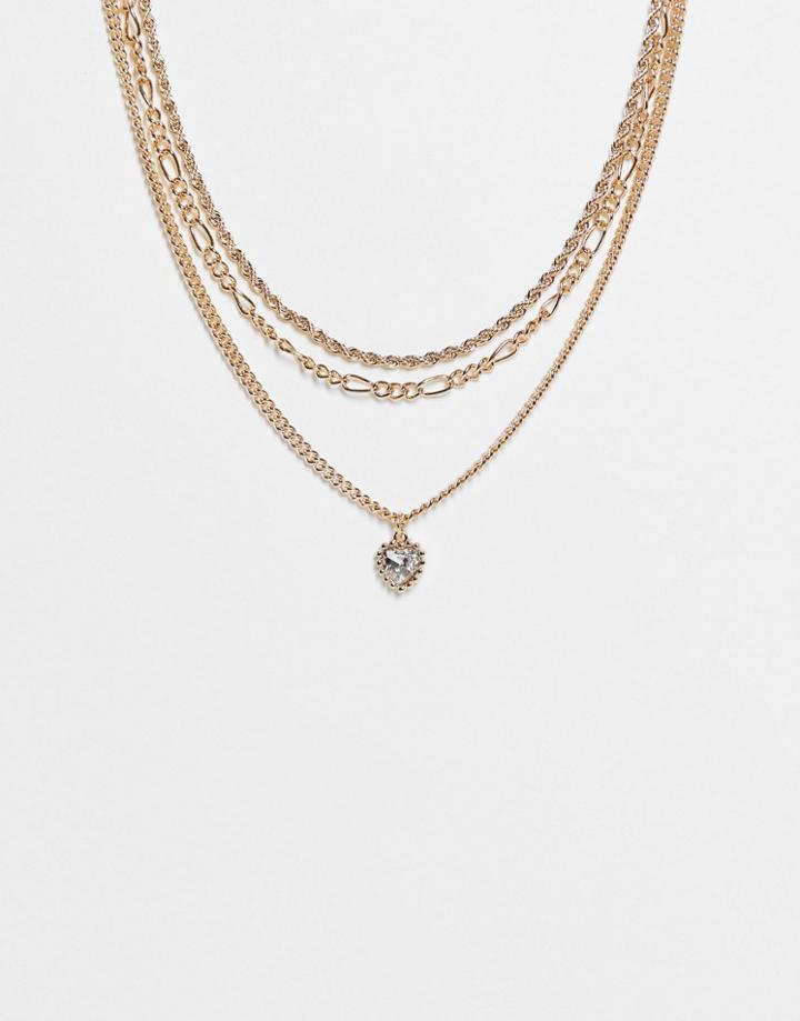 Topshop Multi Row Crystal Heart Necklace In Gold